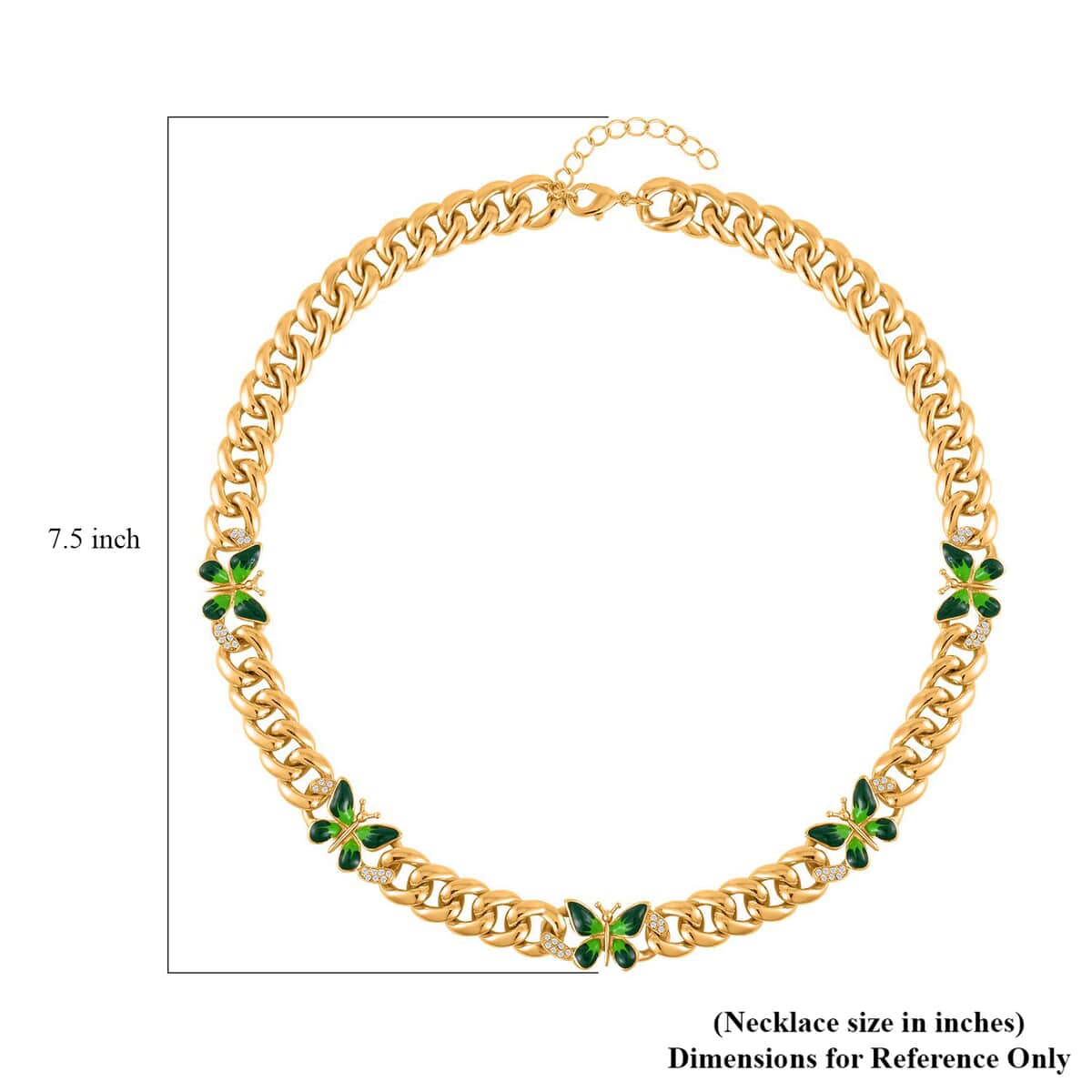 Austrian Crystal and Green Enameled Butterfly Curb Chain Necklace 20-22 Inches in Goldtone image number 4