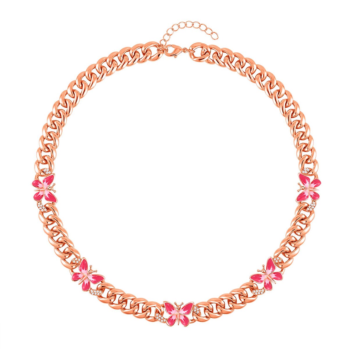 Austrian Crystal and Pink Enameled Butterfly Curb Chain Necklace 20-22 Inches in Rosetone image number 0