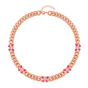 Austrian Crystal and Pink Enameled Butterfly Curb Chain Necklace 20-22 Inches in Rosetone