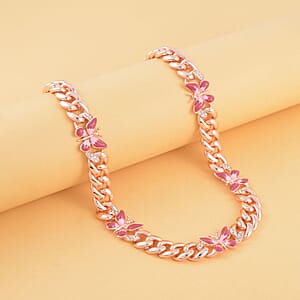 Austrian Crystal and Pink Enameled Butterfly Curb Chain Necklace 20-22 Inches in Rosetone