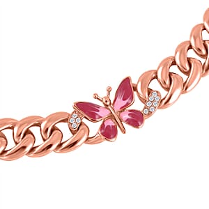 Austrian Crystal and Pink Enameled Butterfly Curb Chain Necklace 20-22 Inches in Rosetone
