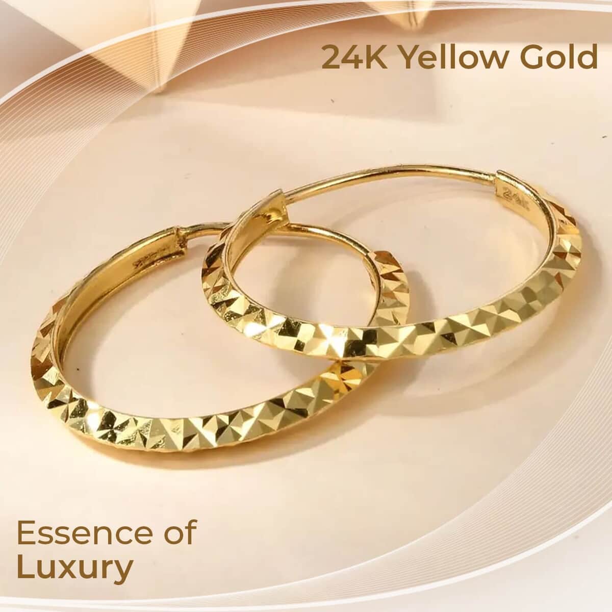 24K Yellow Gold Electroform Hoop Earrings, Diamond Cut Hoop Earrings, Gold Earrings, Gold Hoops For Her 3 Grams image number 1