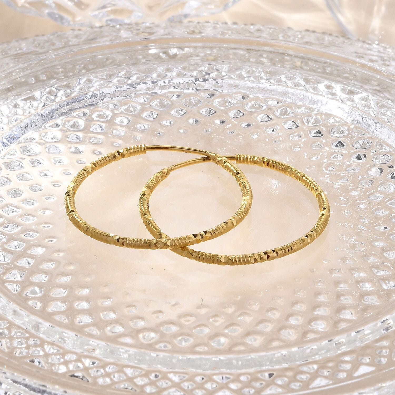 24K Yellow Gold Electroform Twisted Textured Hoop Earrings 2.60 Grams