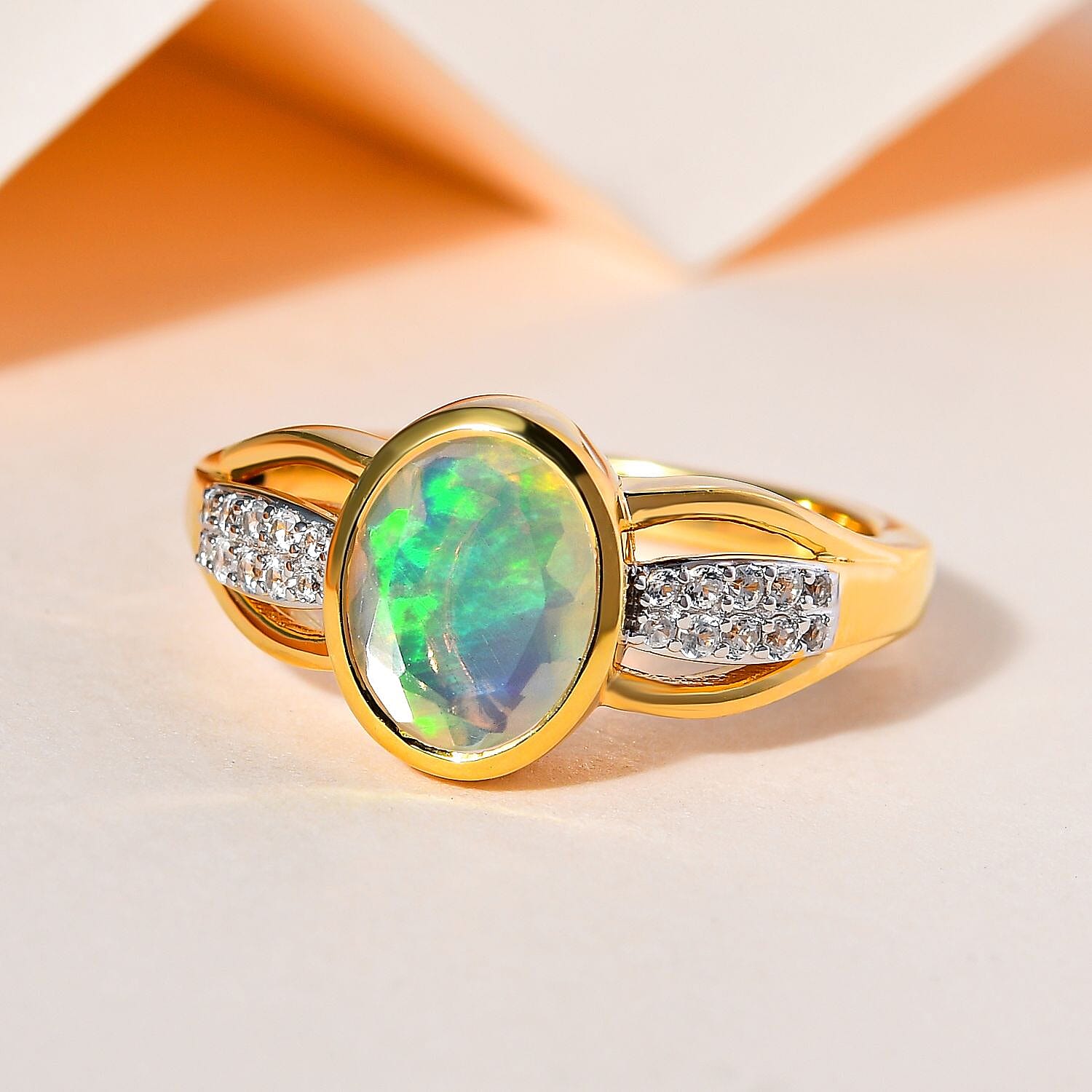 Ethiopian Welo Opal and White Zircon 1.50 ctw Ring in 14K YG Over Sterling Silver (Size 10.0)