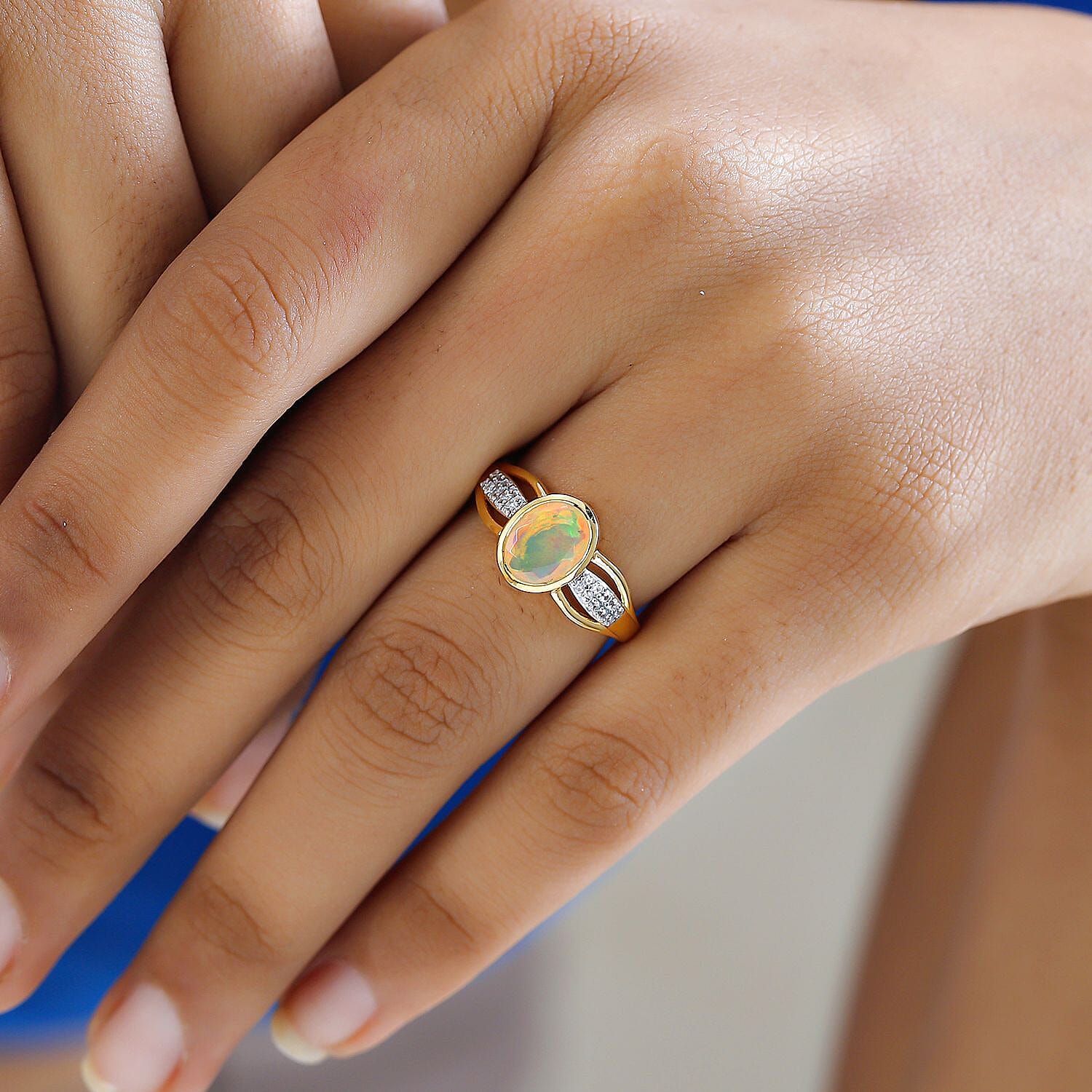 Ethiopian Welo Opal and White Zircon 1.50 ctw Ring in 14K YG Over Sterling Silver (Size 10.0)