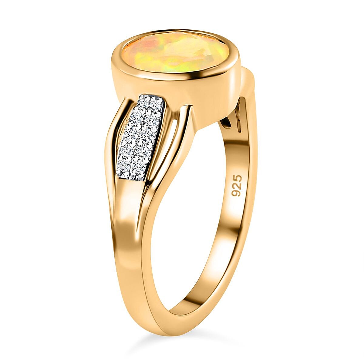 Ethiopian Welo Opal and White Zircon 1.50 ctw Ring in 14K YG Over Sterling Silver (Size 10.0)
