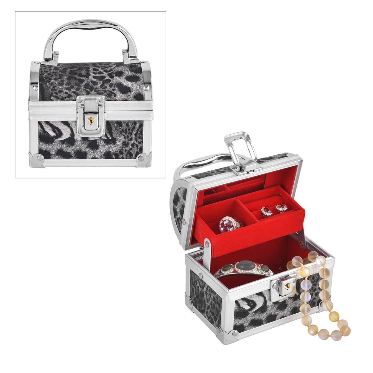 Black Faux Leather Leopard Pattern and Aluminum Two Layer Jewelry Organizer (4.72"x2.95"x3.94") image number 0