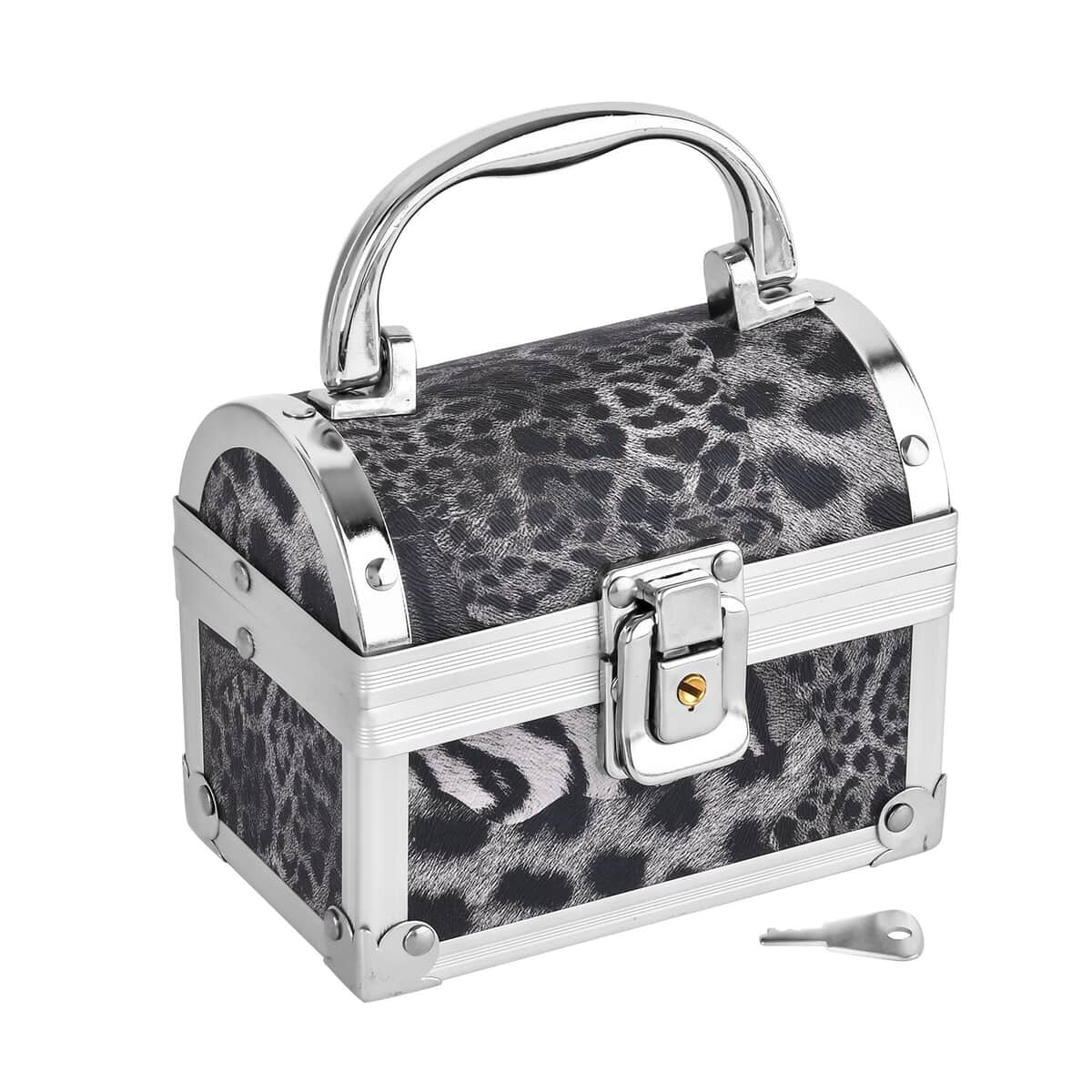 Black Faux Leather Leopard Pattern and Aluminum Two Layer Jewelry Organizer (4.72"x2.95"x3.94") image number 3