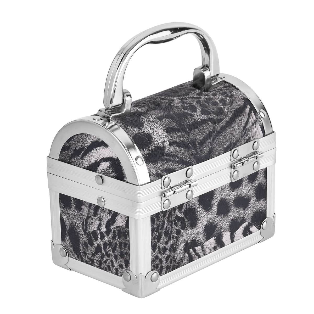 Black Faux Leather Leopard Pattern and Aluminum Two Layer Jewelry Organizer (4.72"x2.95"x3.94") image number 4