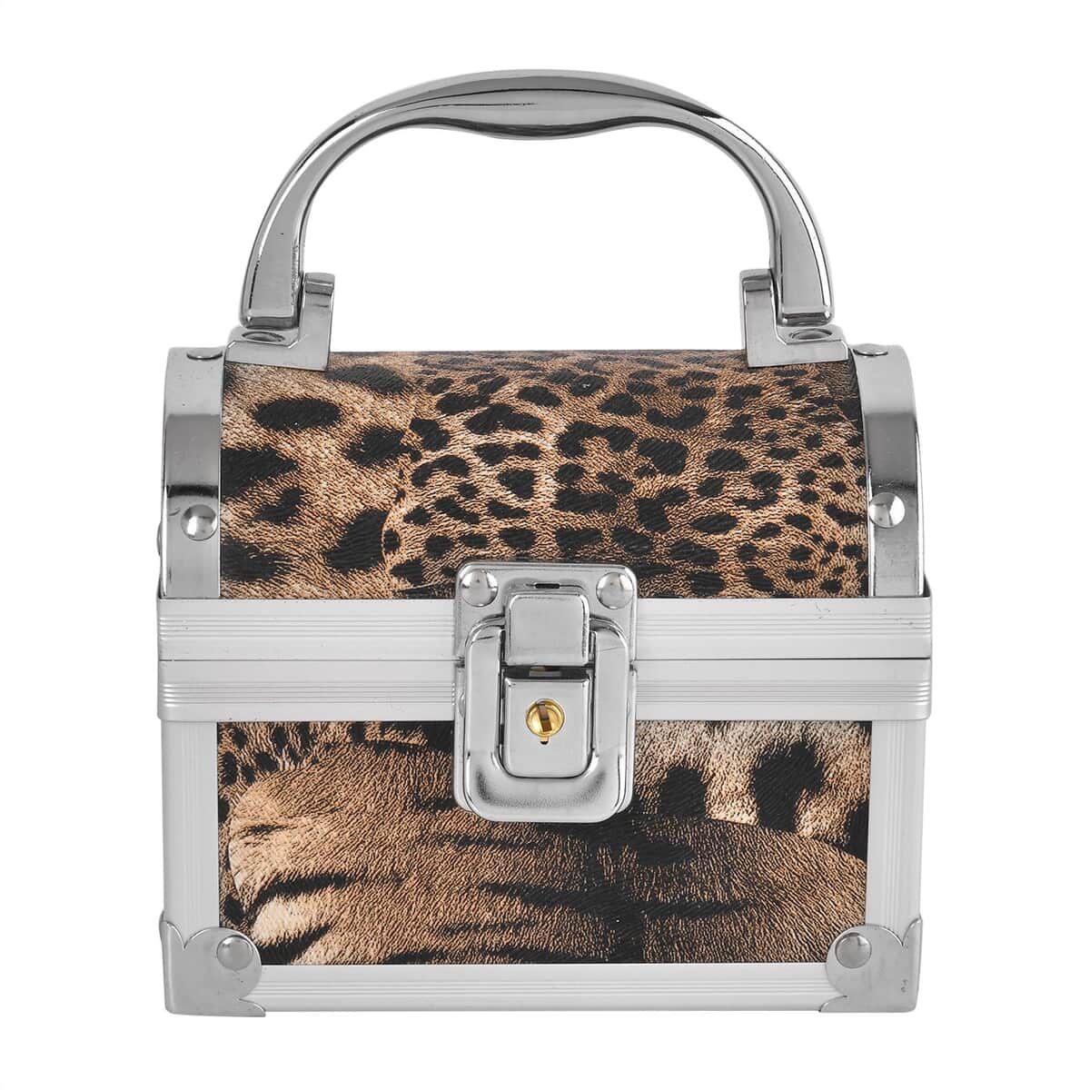 Cream Faux Leather Leopard Pattern and Aluminum Two Layer Jewelry Organizer image number 2