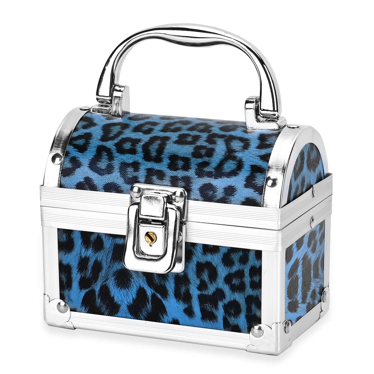 Blue Faux Leather Leopard Pattern and Aluminum Two Layer Jewelry Organizer image number 2