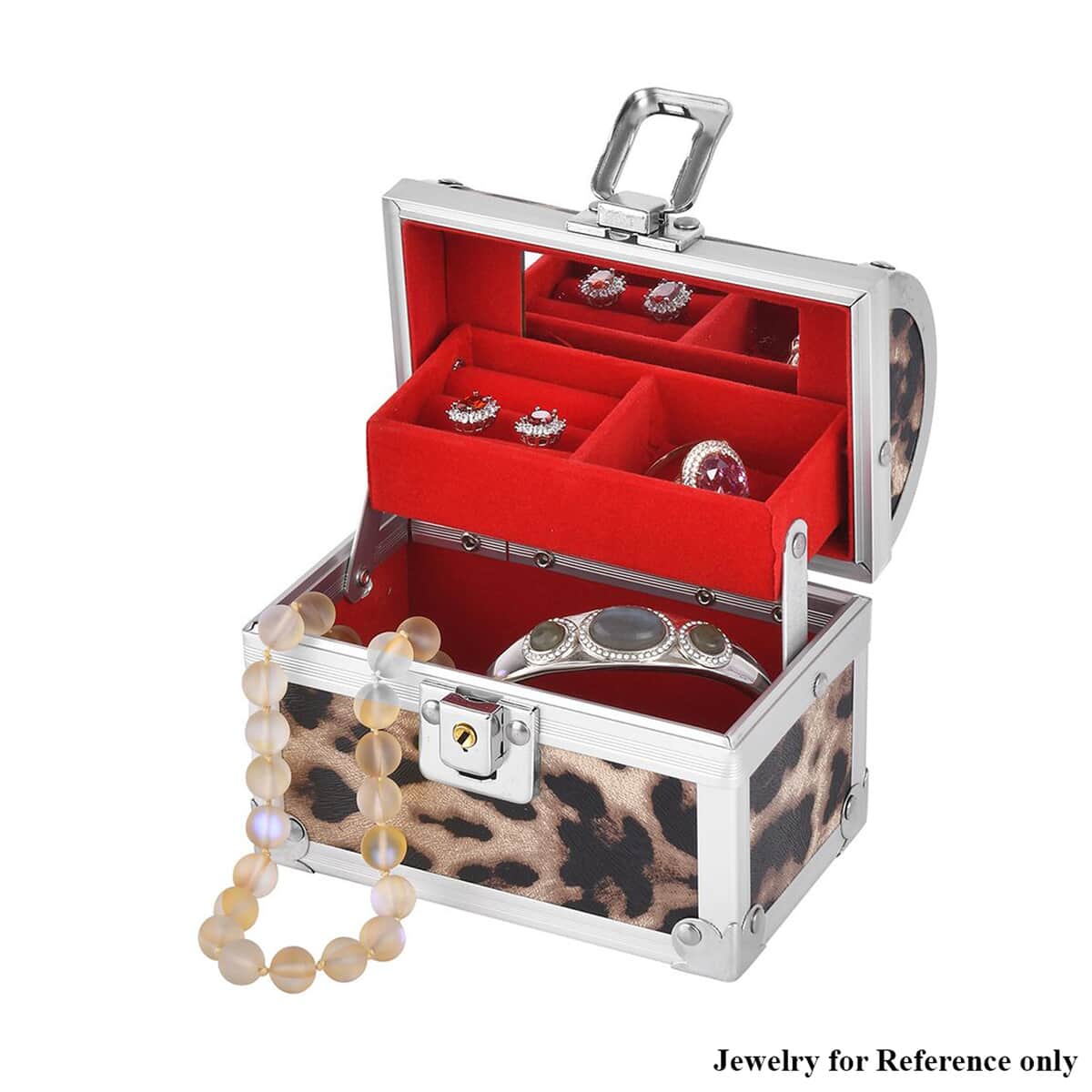 Brown Faux Leather Leopard Pattern and Aluminum Two Layer Jewelry Organizer (4.72x2.95x3.94) image number 0