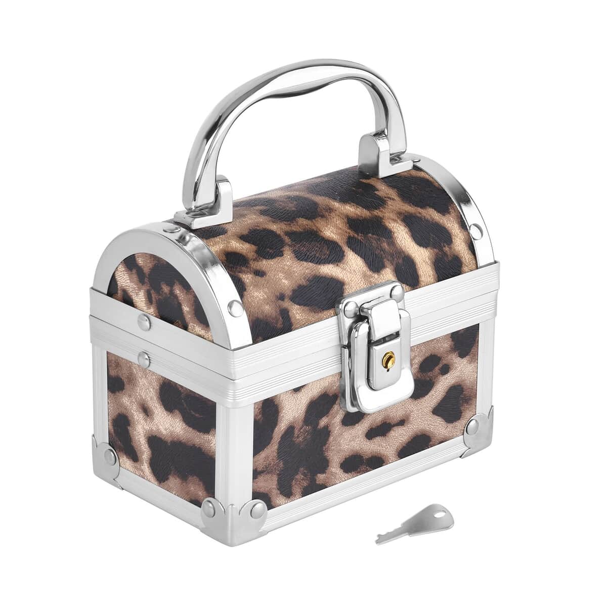 Brown Faux Leather Leopard Pattern and Aluminum Two Layer Jewelry Organizer (4.72x2.95x3.94) image number 3