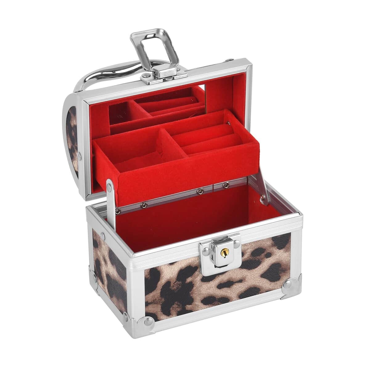 Brown Faux Leather Leopard Pattern and Aluminum Two Layer Jewelry Organizer (4.72x2.95x3.94) image number 5