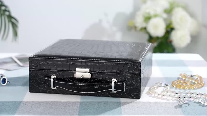Black Crocodile Embossed Pattern Faux Leather 2 Layer Jewelry Box (10.2"x10.2"x3.5")