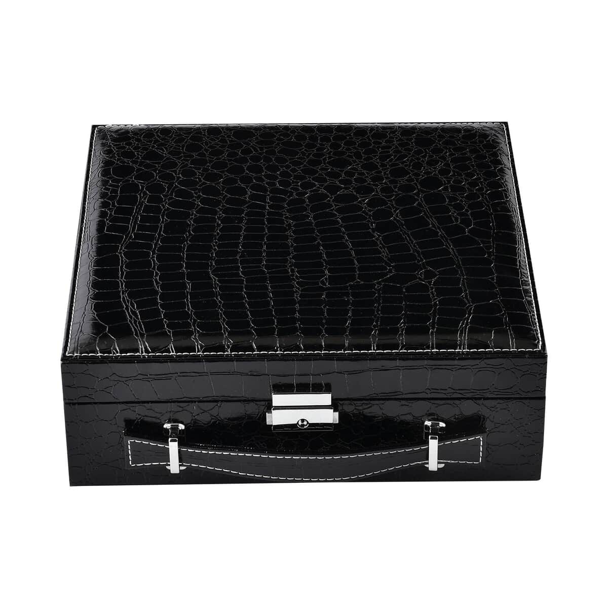 Black Crocodile Embossed Pattern Faux Leather 2 Layer Jewelry Box image number 1