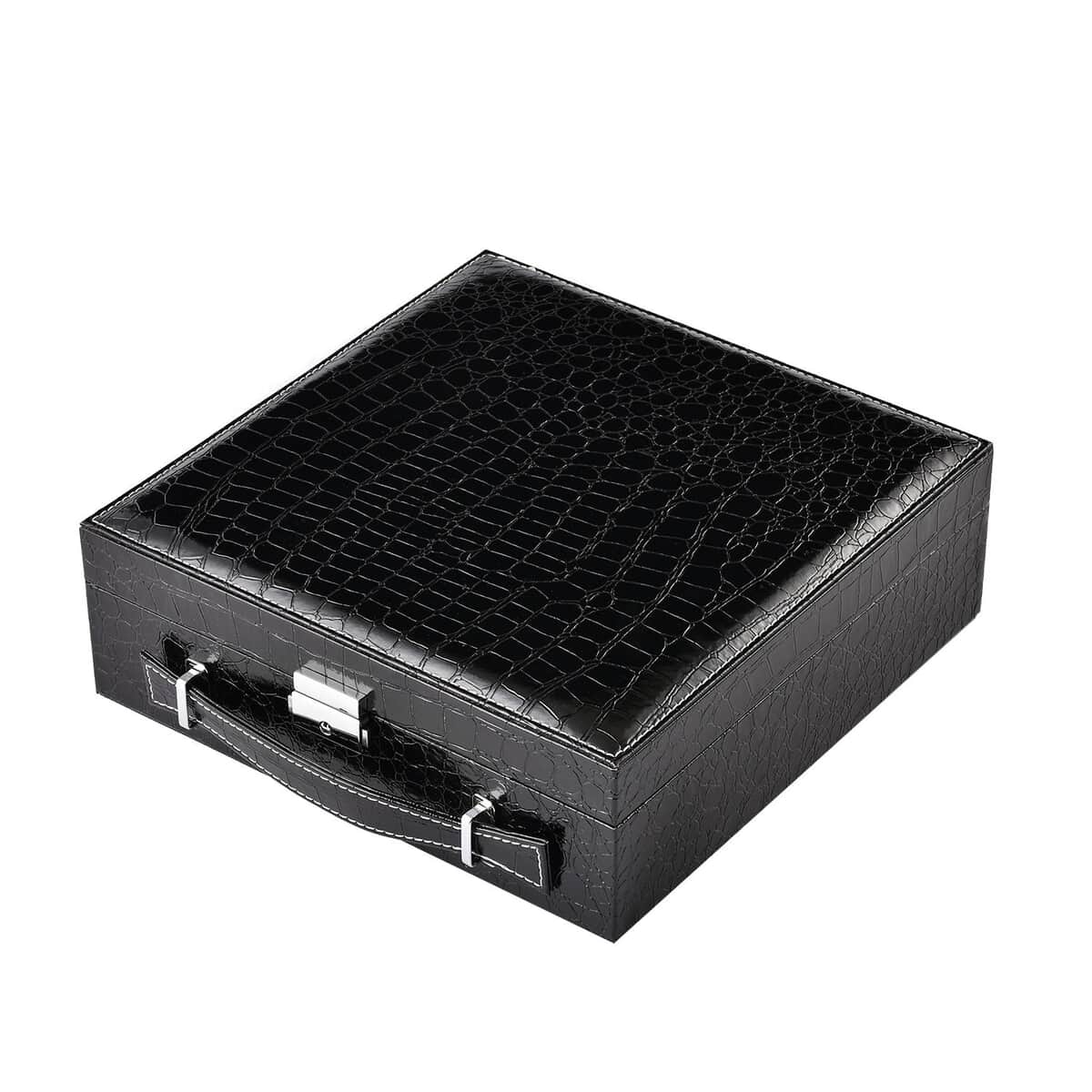 Black Crocodile Embossed Pattern Faux Leather 2 Layer Jewelry Box image number 2