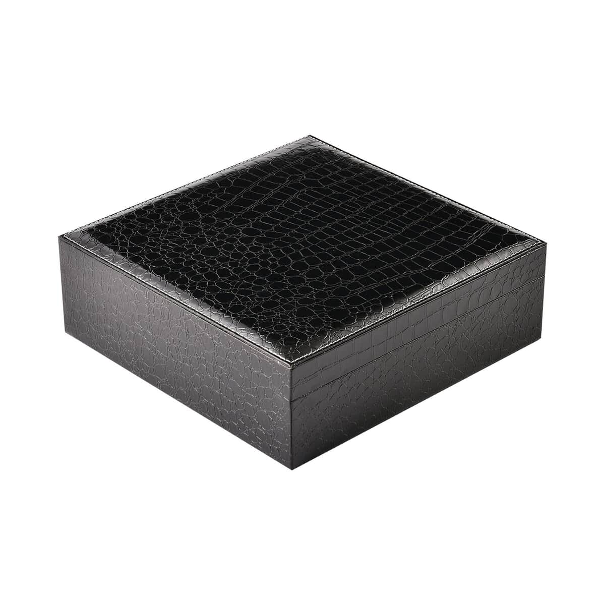 Black Crocodile Embossed Pattern Faux Leather 2 Layer Jewelry Box image number 3