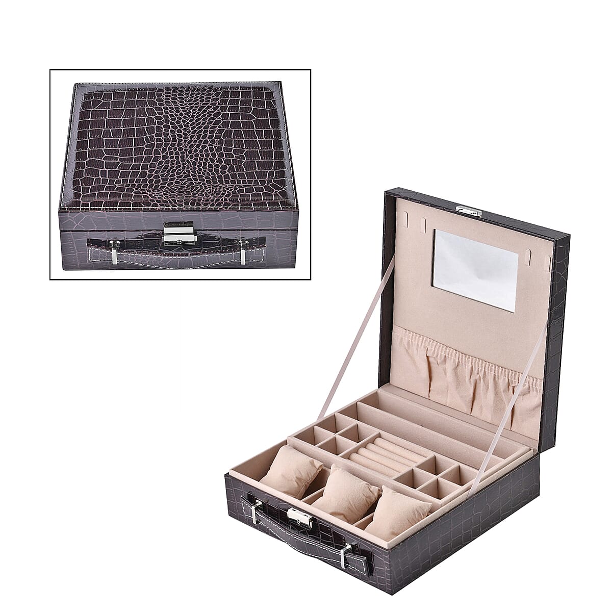 Coffee Crocodile Embossed Pattern Faux Leather 2 Layer Jewelry Box image number 0