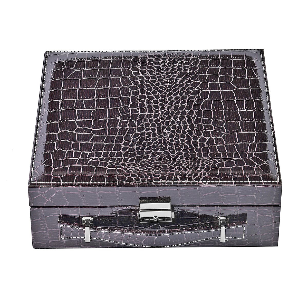 Coffee Crocodile Embossed Pattern Faux Leather 2 Layer Jewelry Box image number 1