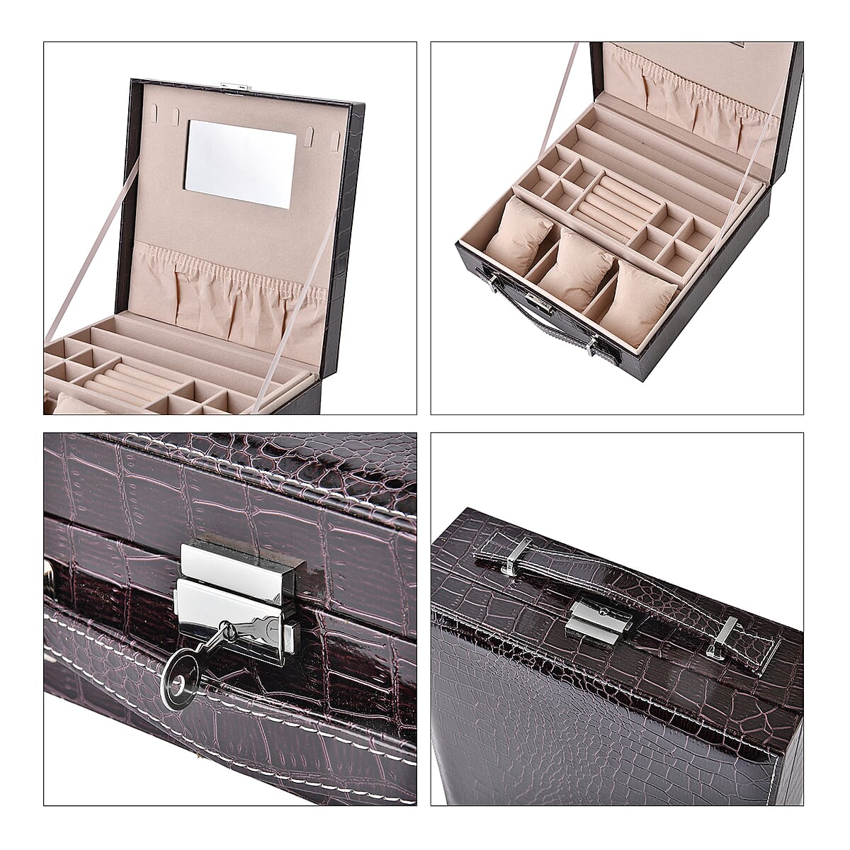 Coffee Crocodile Embossed Pattern Faux Leather 2 Layer Jewelry Box image number 4