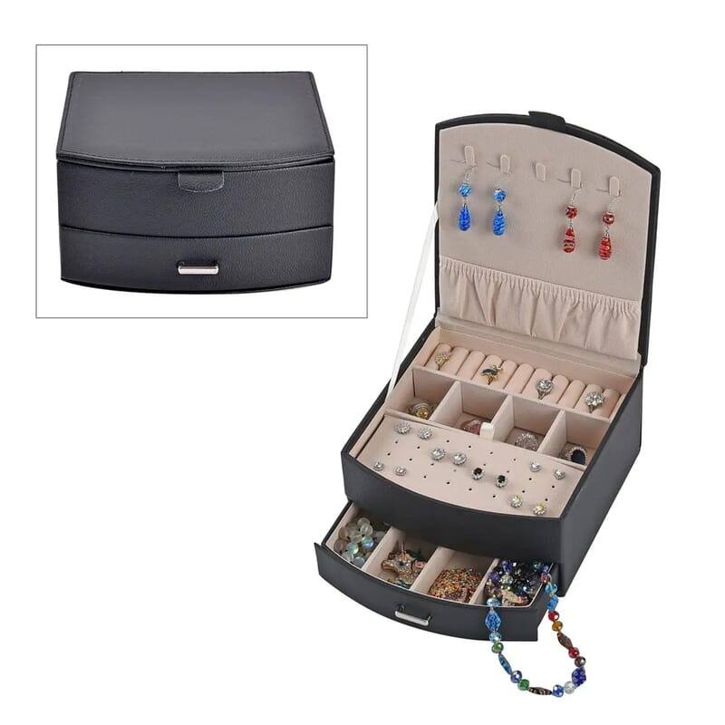 Black Faux Leather Fan Design 2 Layer Jewelry Box