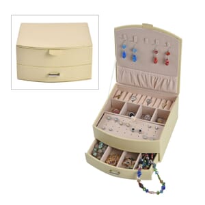 Cream Faux Leather Fan Design 2 Layer Jewelry Box