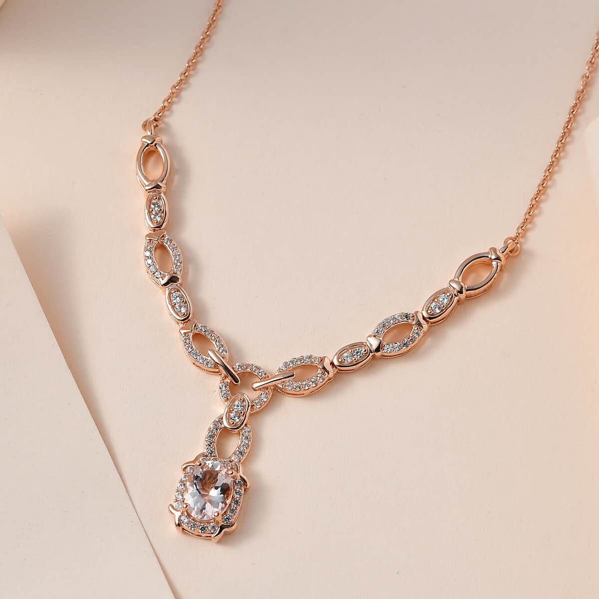 Pink Morganite and White Zircon Necklace 18-20 Inches in Vermeil Rose Gold Over Sterling Silver 1.90 ctw image number 1