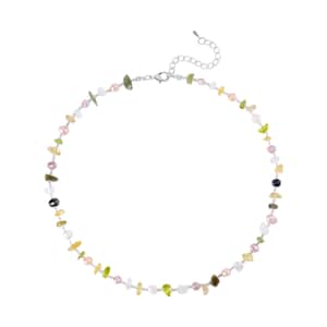 Multi Color Freshwater Pearl and Multi Gemstone Necklace 20-22 Inches in Stainless Steel 40.00 ctw