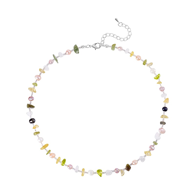 Multi Color Freshwater Pearl and Multi Gemstone Necklace 20-22 Inches in Stainless Steel 40.00 ctw