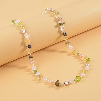 Multi Color Freshwater Pearl and Multi Gemstone Necklace 20-22 Inches in Stainless Steel 40.00 ctw