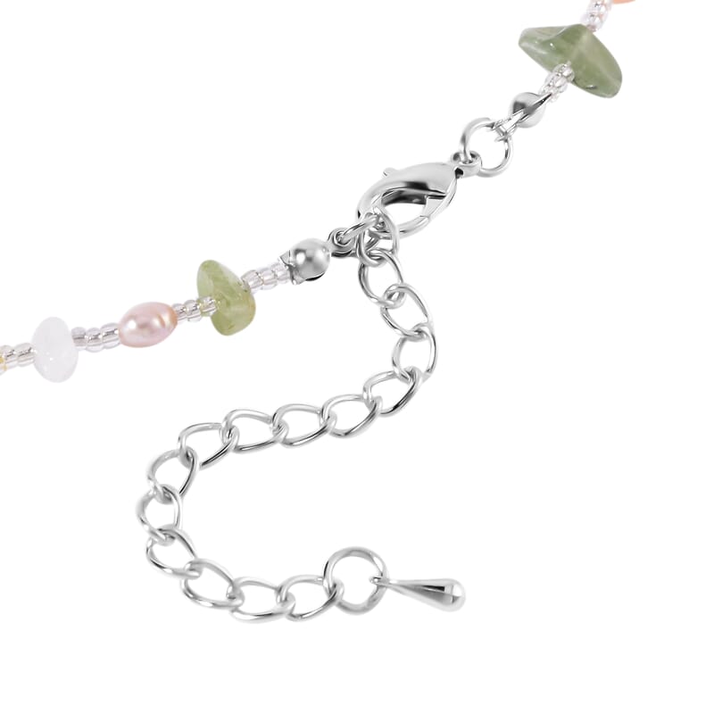 Multi Color Freshwater Pearl and Multi Gemstone Necklace 20-22 Inches in Stainless Steel 40.00 ctw
