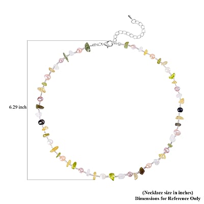 Multi Color Freshwater Pearl and Multi Gemstone Necklace 20-22 Inches in Stainless Steel 40.00 ctw