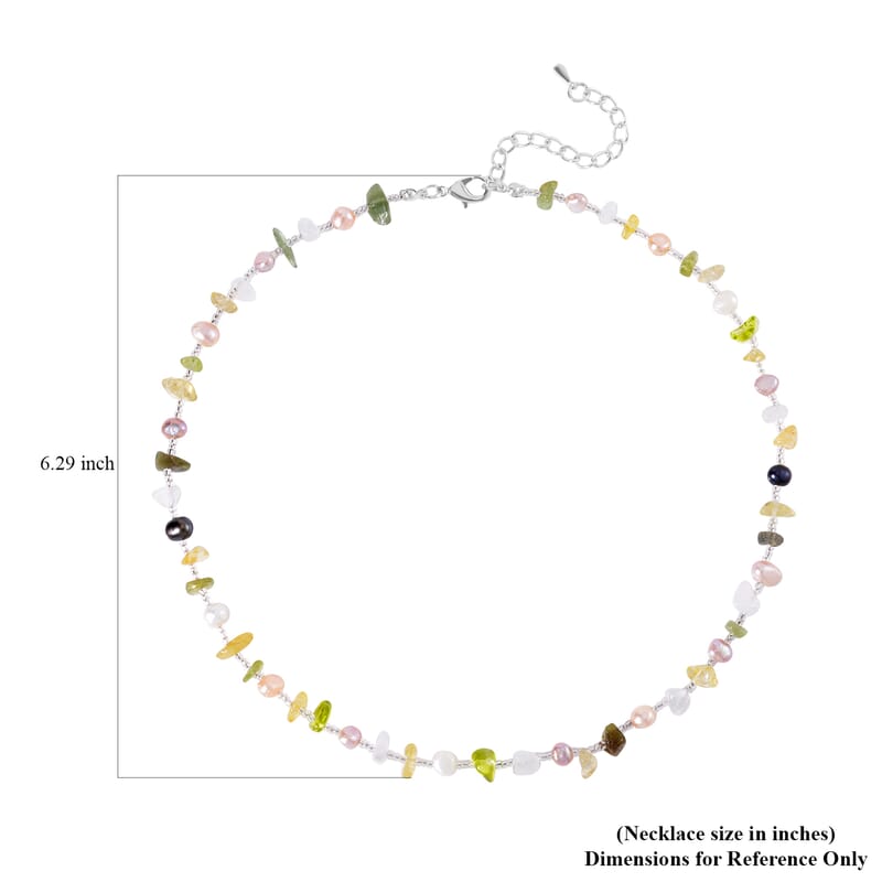 Multi Color Freshwater Pearl and Multi Gemstone Necklace 20-22 Inches in Stainless Steel 40.00 ctw
