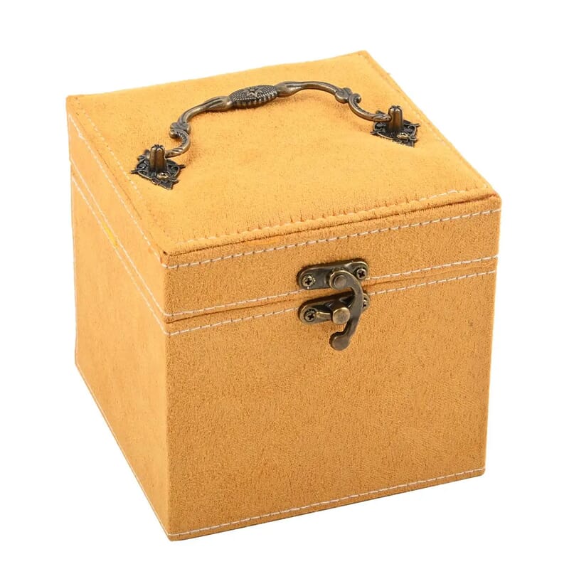 Mustard Velvet Three Layer Jewelry Box with Mirror, Handle & Lock