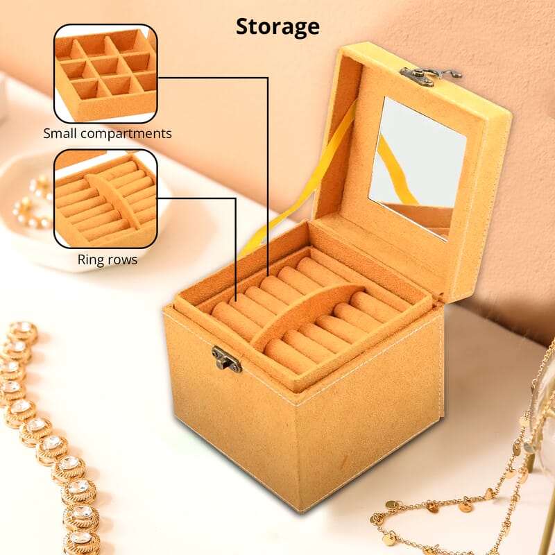 Mustard Velvet Three Layer Jewelry Box with Mirror, Handle & Lock