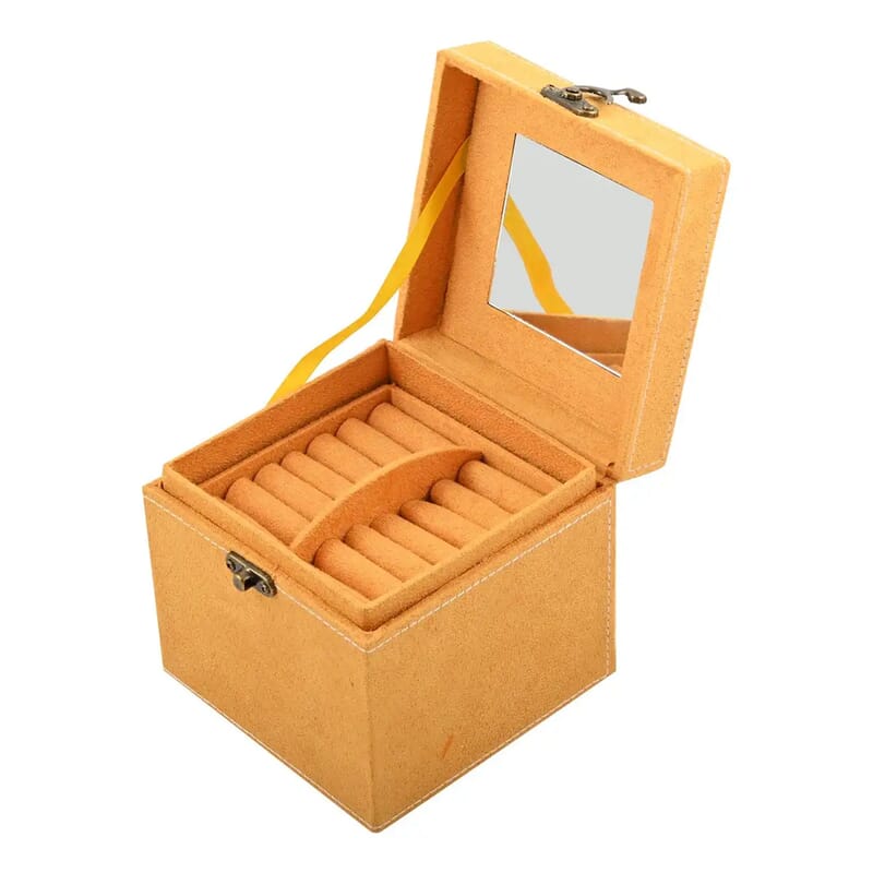 Mustard Velvet Three Layer Jewelry Box with Mirror, Handle & Lock