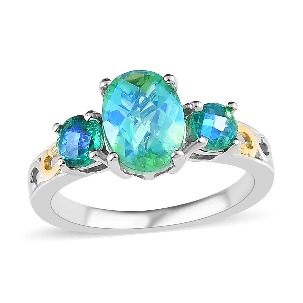Karis Peacock Quartz (Triplet) 3 Stone Ring | Quartz Triplet Ring |18K YG Plated Ring in Platinum Bond | Promise Ring For Her 2.15 ctw (Size 10)