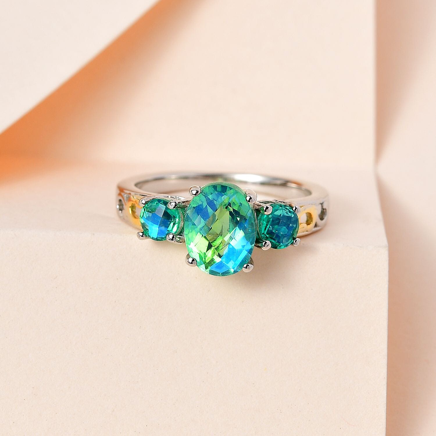 Karis Peacock Quartz (Triplet) 3 Stone Ring | Quartz Triplet Ring |18K YG Plated Ring in Platinum Bond | Promise Ring For Her 2.15 ctw (Size 10)