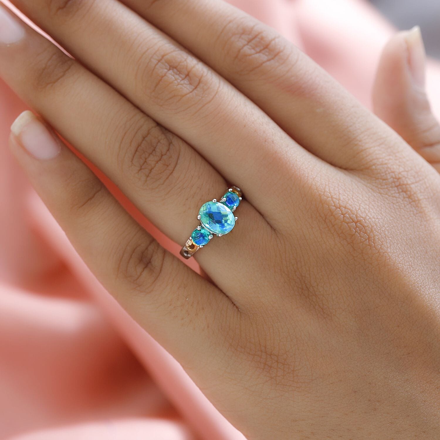 Karis Peacock Quartz (Triplet) 3 Stone Ring | Quartz Triplet Ring |18K YG Plated Ring in Platinum Bond | Promise Ring For Her 2.15 ctw (Size 10)