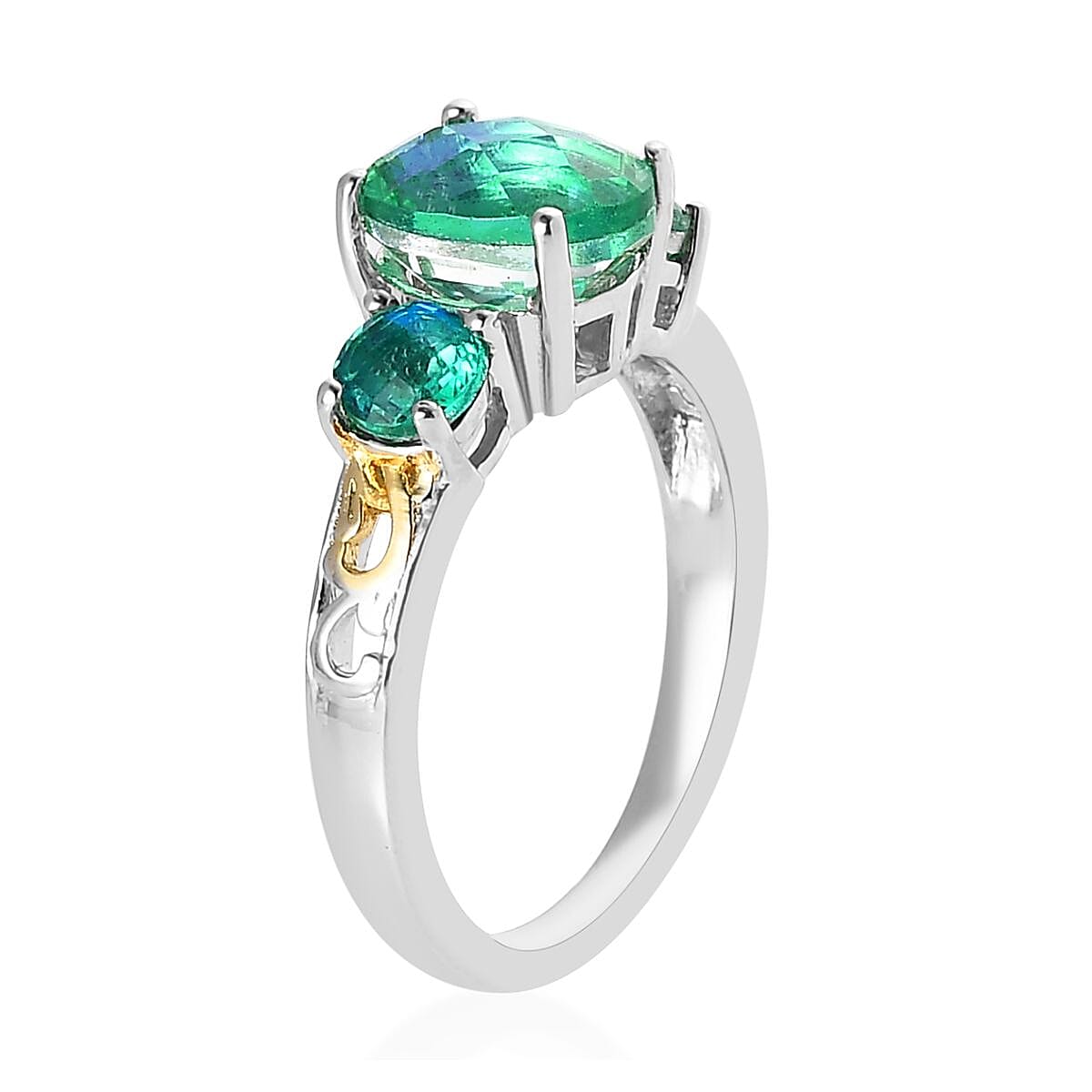 Karis Peacock Quartz (Triplet) 3 Stone Ring | Quartz Triplet Ring |18K YG Plated Ring in Platinum Bond | Promise Ring For Her 2.15 ctw (Size 10)
