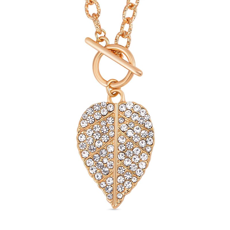 Austrian Crystal Leaf Pendant Necklace 22 Inches in Goldtone
