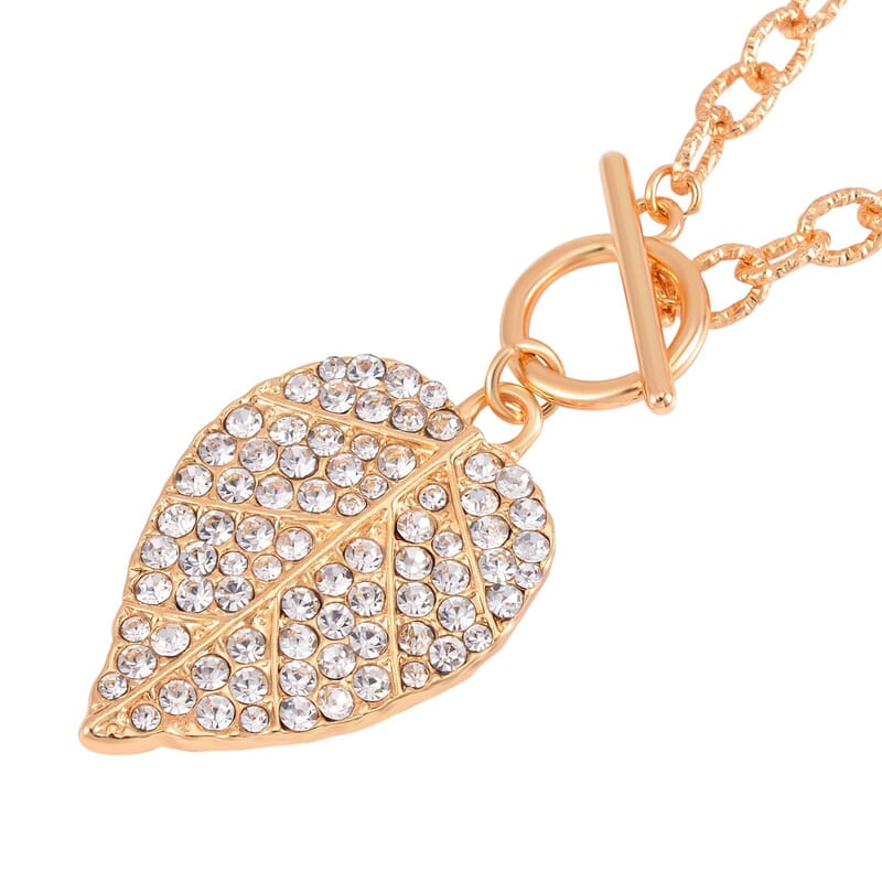 Austrian Crystal Leaf Pendant Necklace 22 Inches in Goldtone