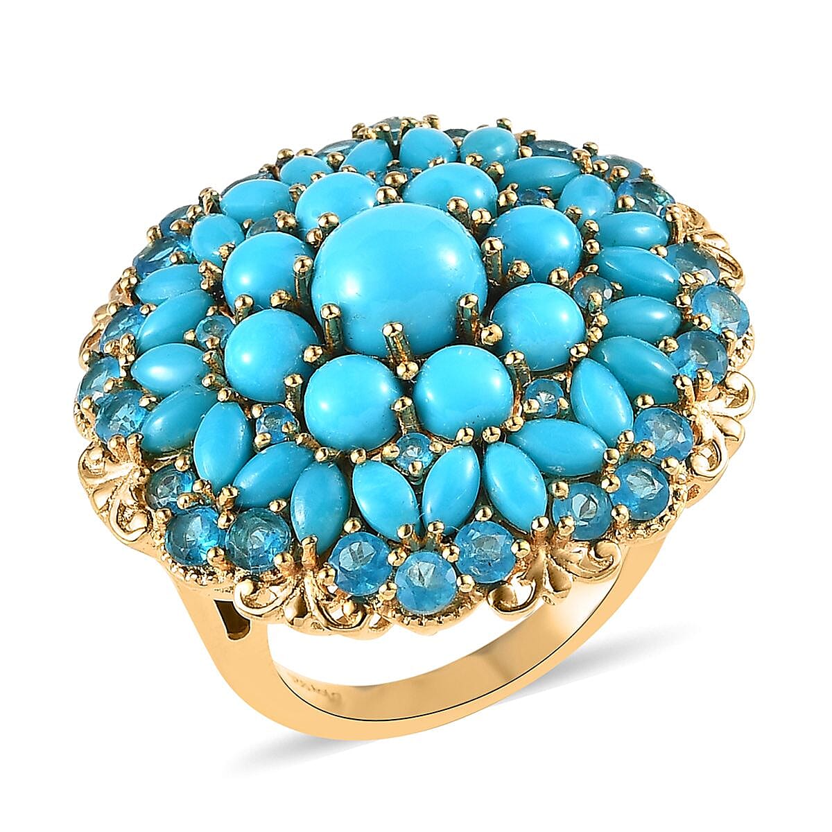 Premium Sleeping Beauty Turquoise and Malgache Neon Apatite Floral Spray Ring in Vermeil YG Over Sterling Silver (Size 10.0) 8.10 ctw image number 0