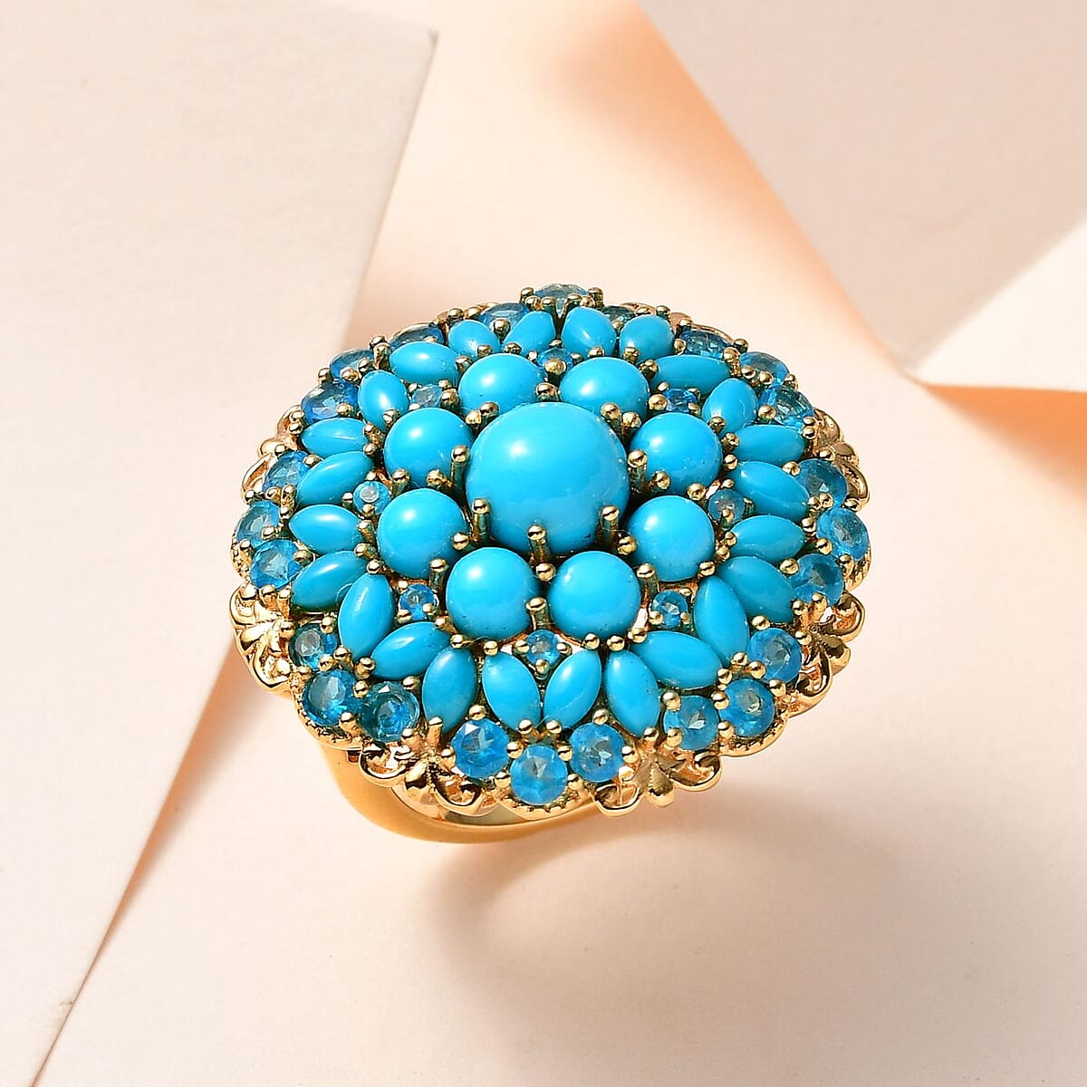 Premium Sleeping Beauty Turquoise and Malgache Neon Apatite Floral Spray Ring in Vermeil YG Over Sterling Silver (Size 10.0) 8.10 ctw image number 1