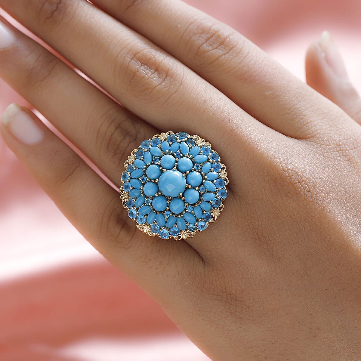 Premium Sleeping Beauty Turquoise and Malgache Neon Apatite Floral Spray Ring in Vermeil YG Over Sterling Silver (Size 10.0) 8.10 ctw image number 2