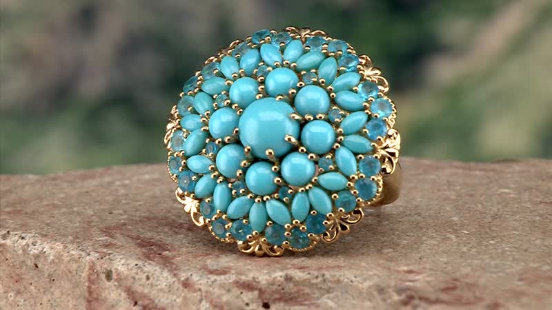 Premium Sleeping Beauty Turquoise and Malgache Neon Apatite Floral Spray Ring in Vermeil YG Over Sterling Silver (Size 10.0) 8.10 ctw