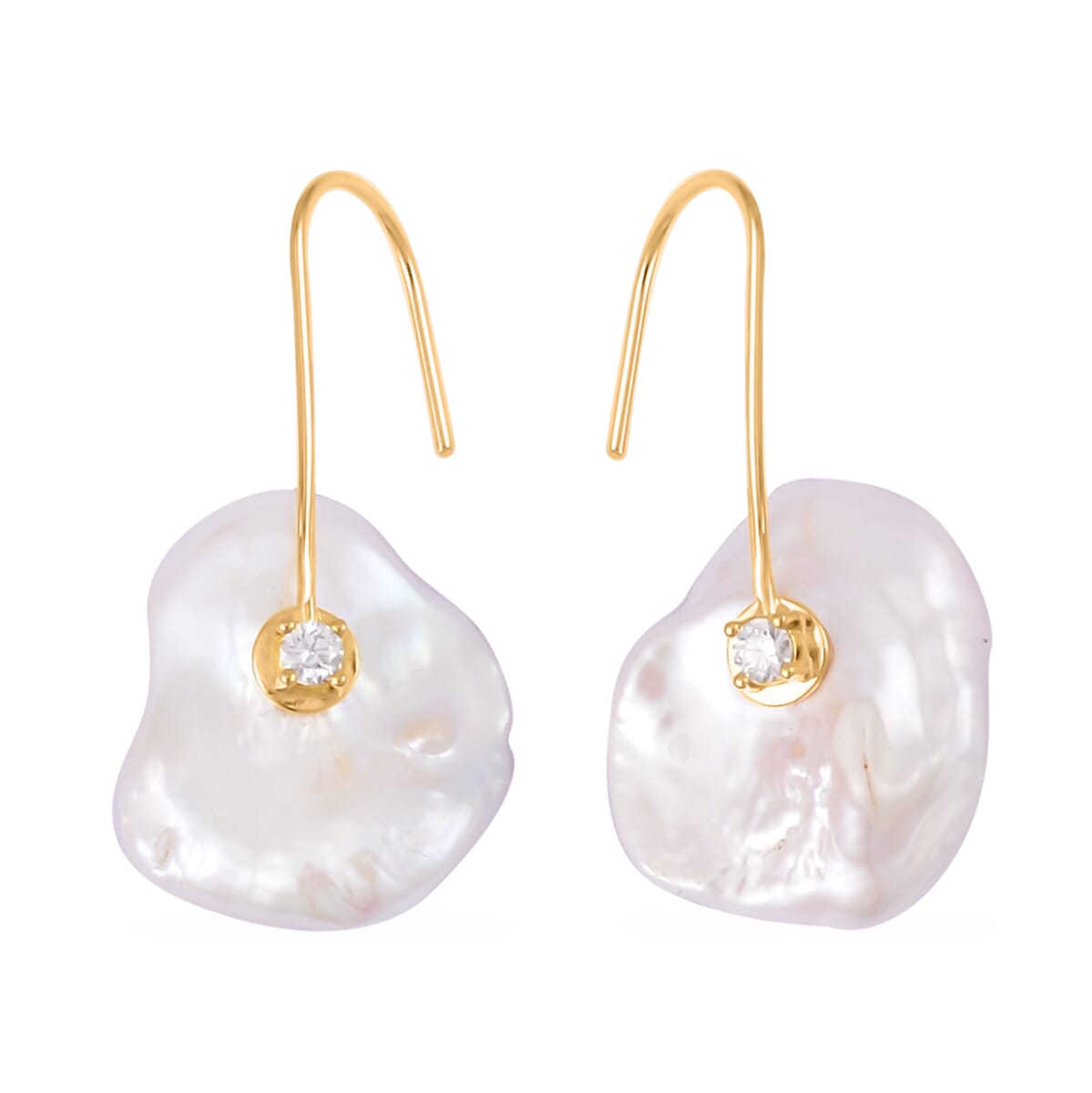 White Keshi Pearl and Moissanite Drop Earrings in 14K Yellow Gold Over Sterling Silver 0.20 ctw image number 0