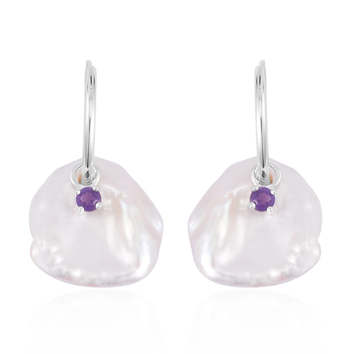 White Keshi Pearl and Amethyst Earrings in Rhodium Over Sterling Silver 0.35 ctw image number 0