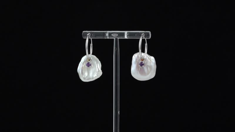 White Keshi Pearl and Amethyst Earrings in Rhodium Over Sterling Silver 0.35 ctw